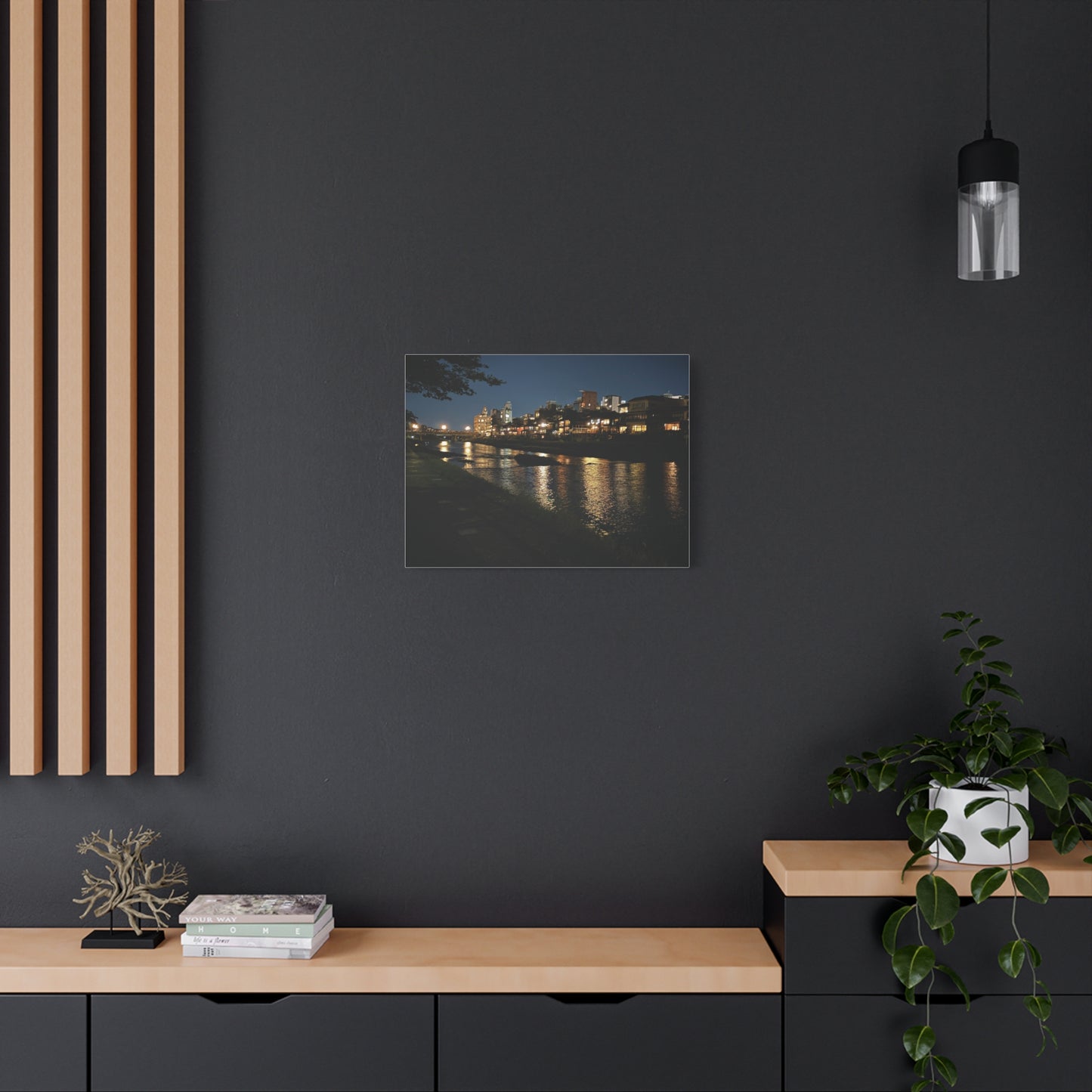 Kamo River at Night in Kyoto, Japan Matte Canvas Print