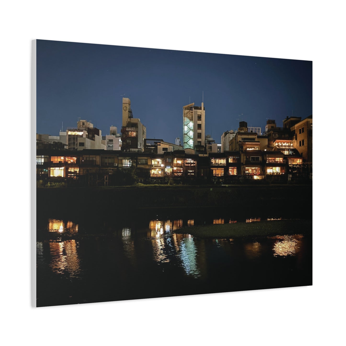 Night Reflections on the Kamo River in Kyoto, Japan Matte Canvas Print