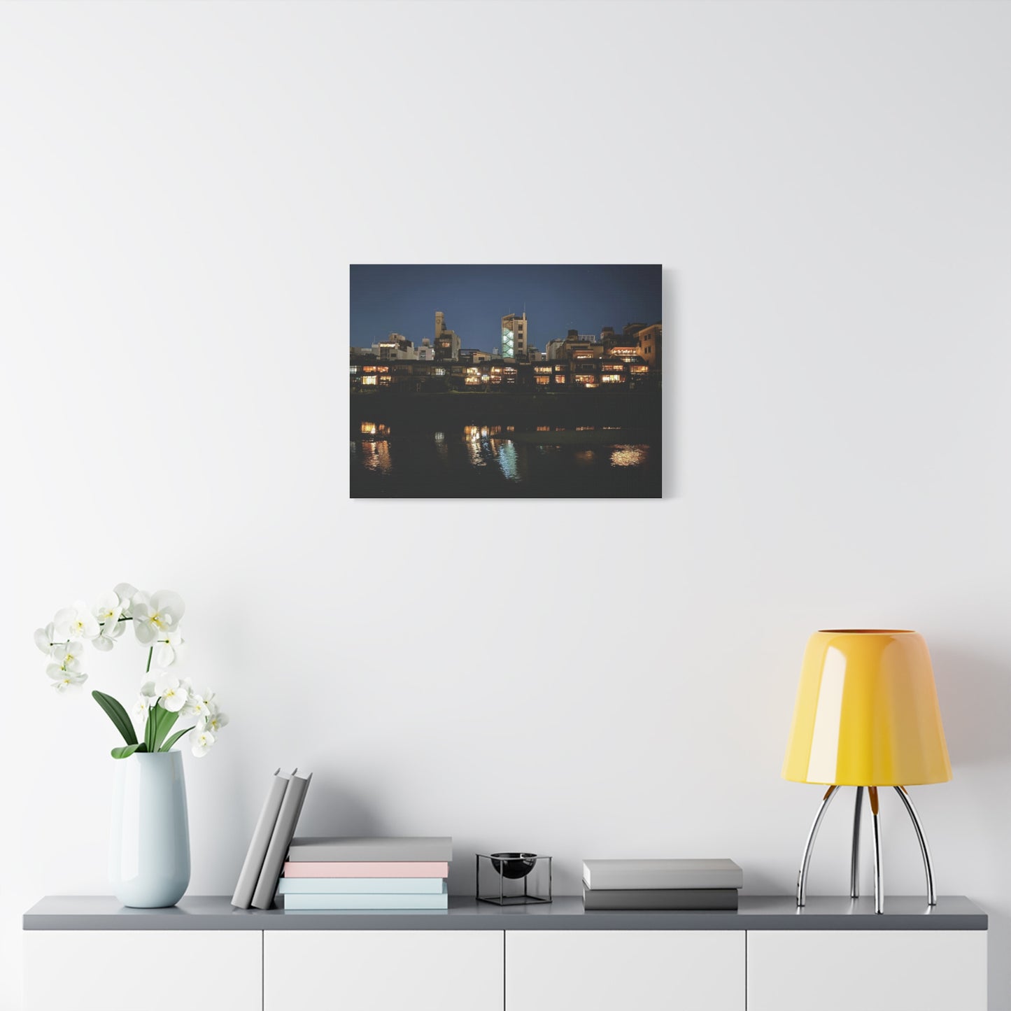 Night Reflections on the Kamo River in Kyoto, Japan Matte Canvas Print