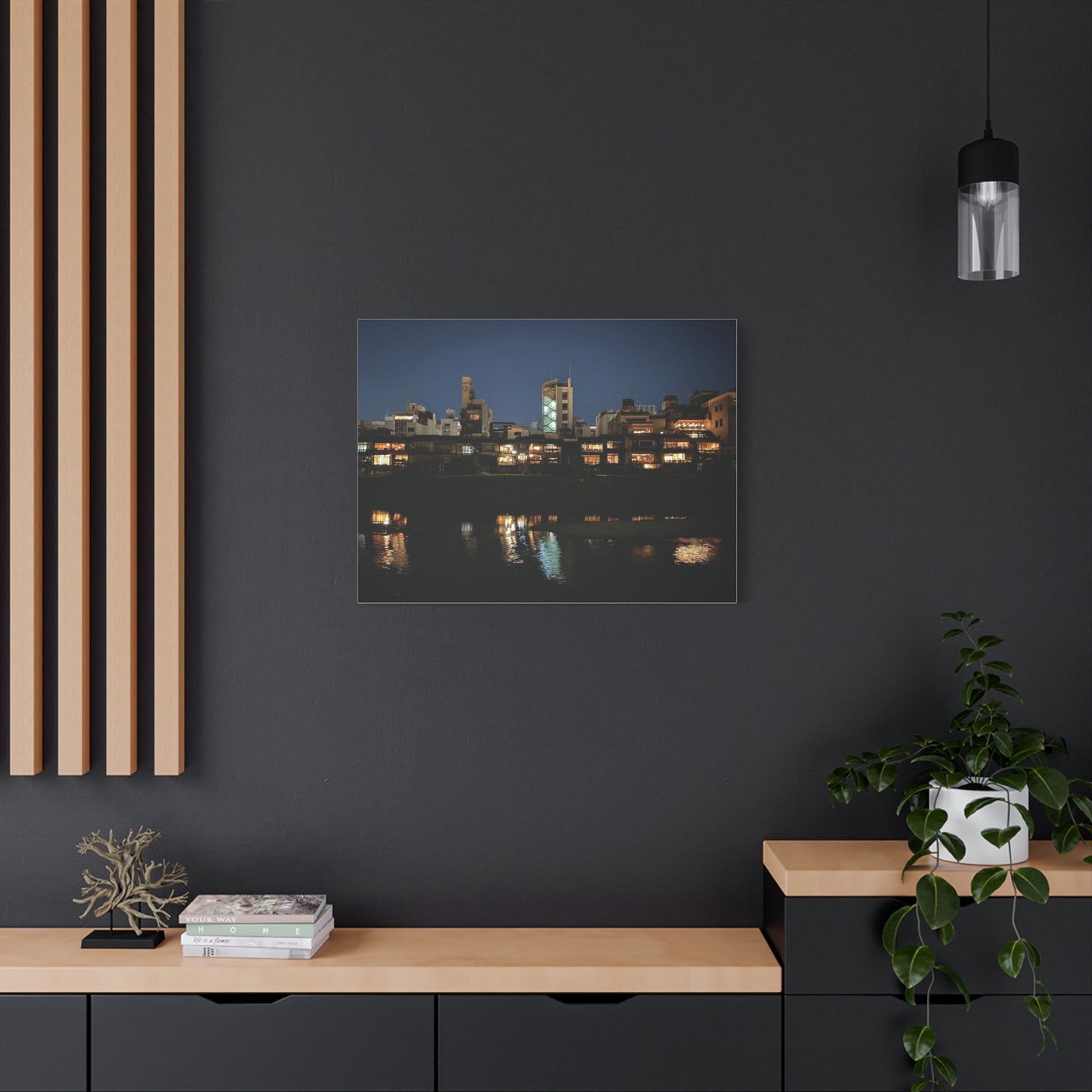 Night Reflections on the Kamo River in Kyoto, Japan Matte Canvas Print