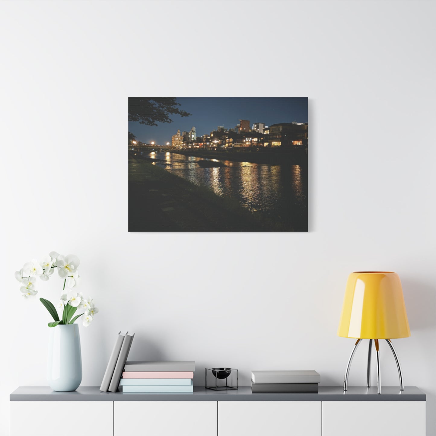 Kamo River at Night in Kyoto, Japan Matte Canvas Print