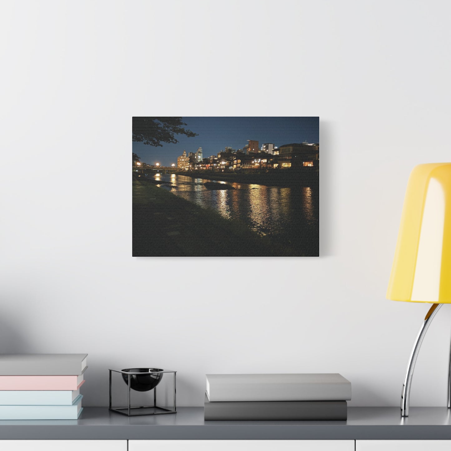 Kamo River at Night in Kyoto, Japan Matte Canvas Print