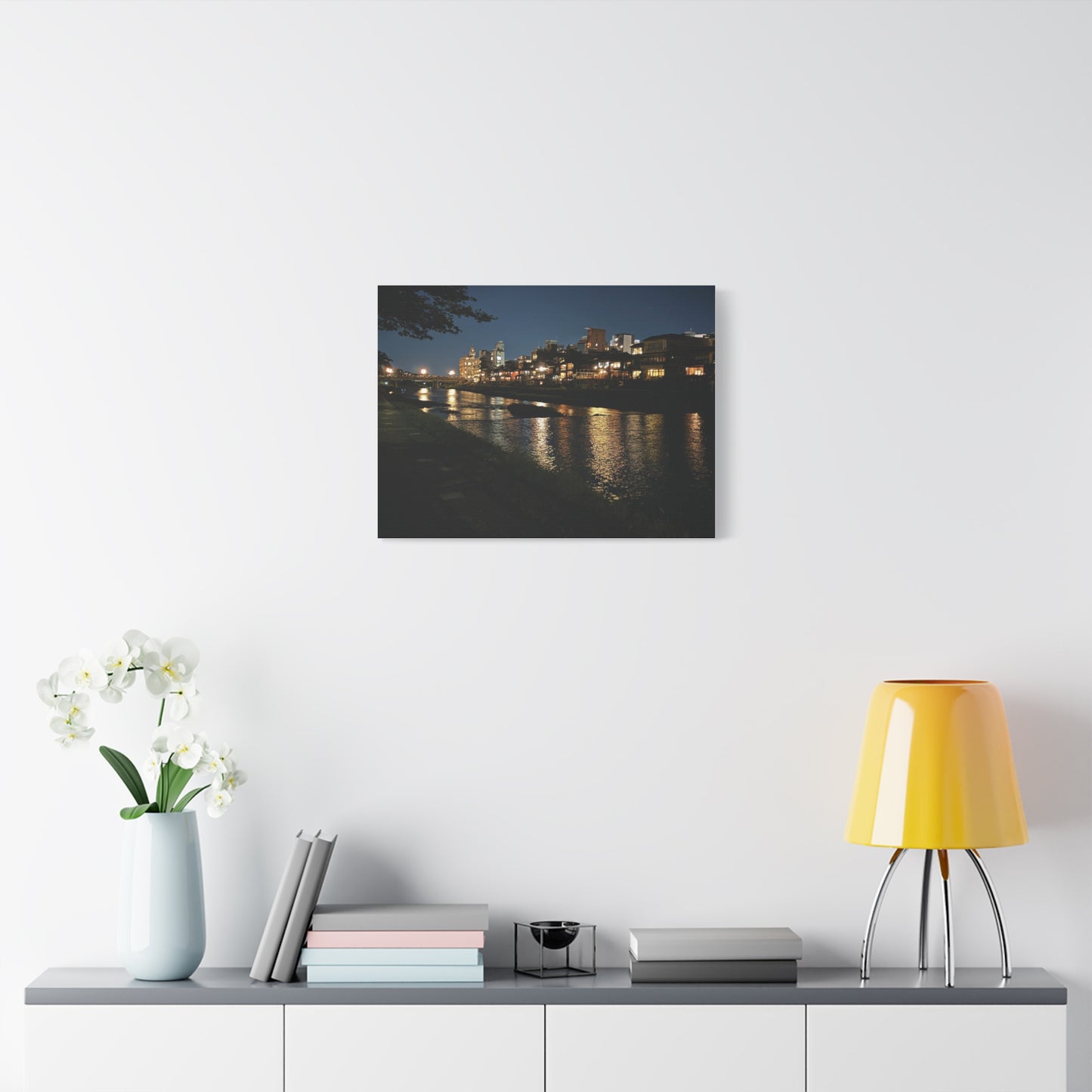 Kamo River at Night in Kyoto, Japan Matte Canvas Print