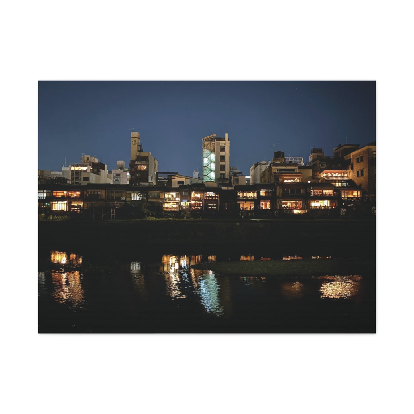 Night Reflections on the Kamo River in Kyoto, Japan Matte Canvas Print