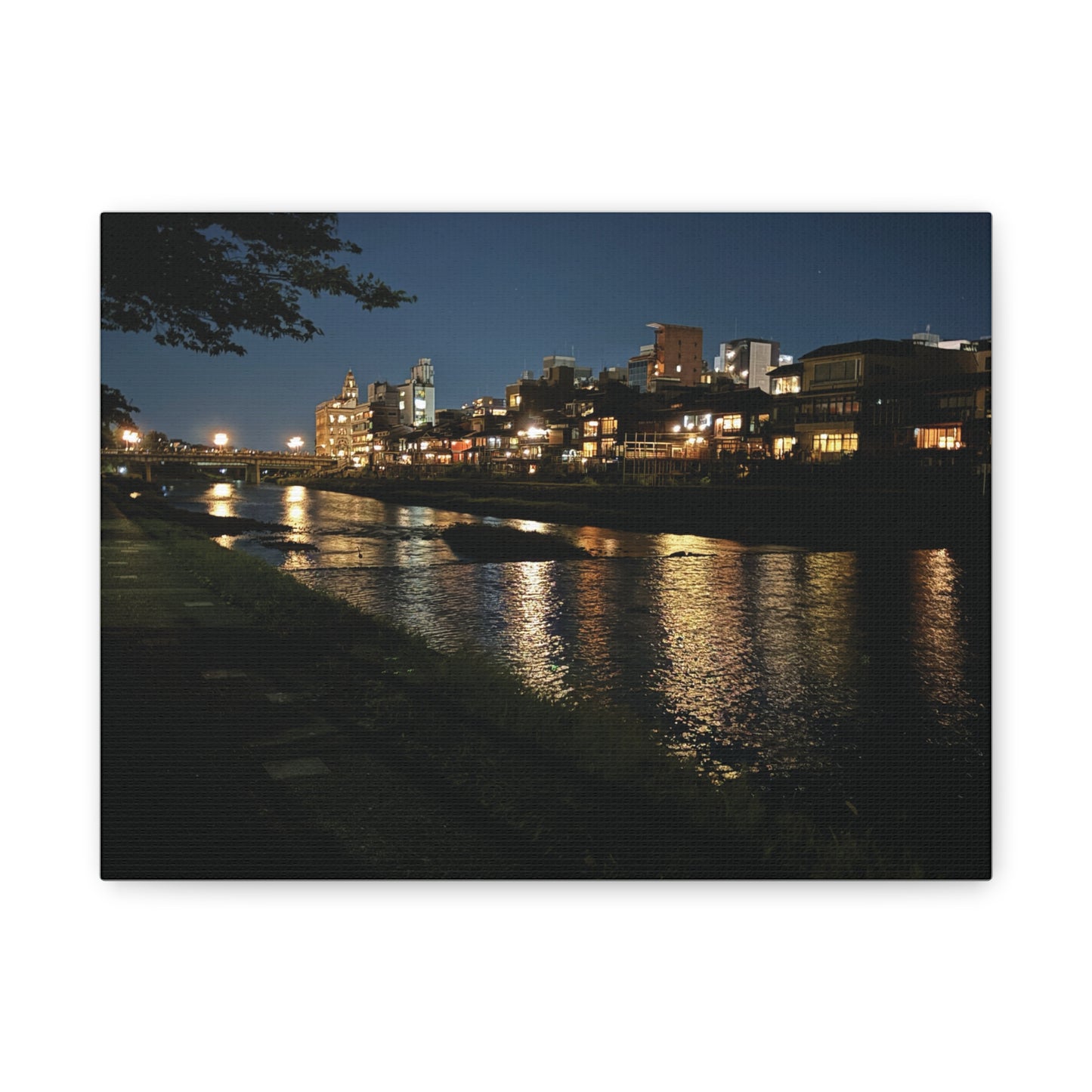 Kamo River at Night in Kyoto, Japan Matte Canvas Print