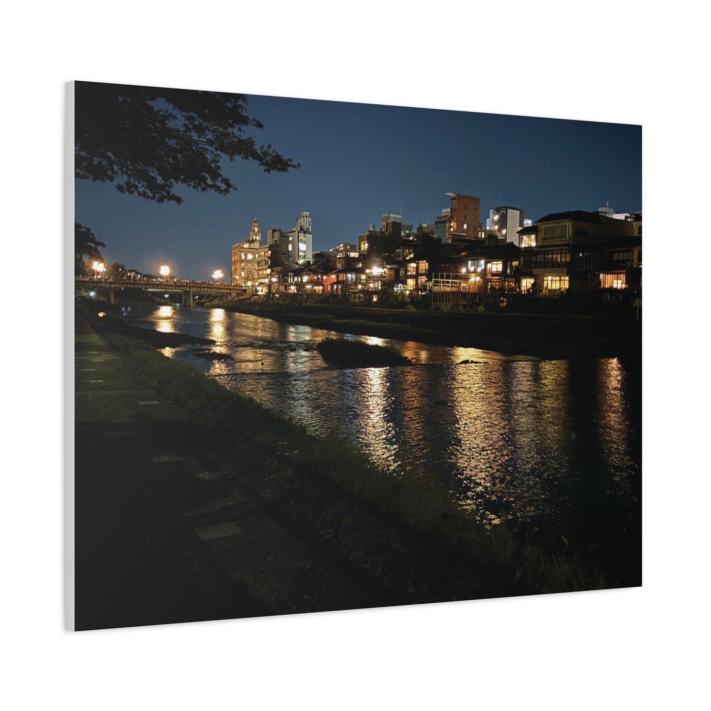 Kamo River at Night in Kyoto, Japan Matte Canvas Print