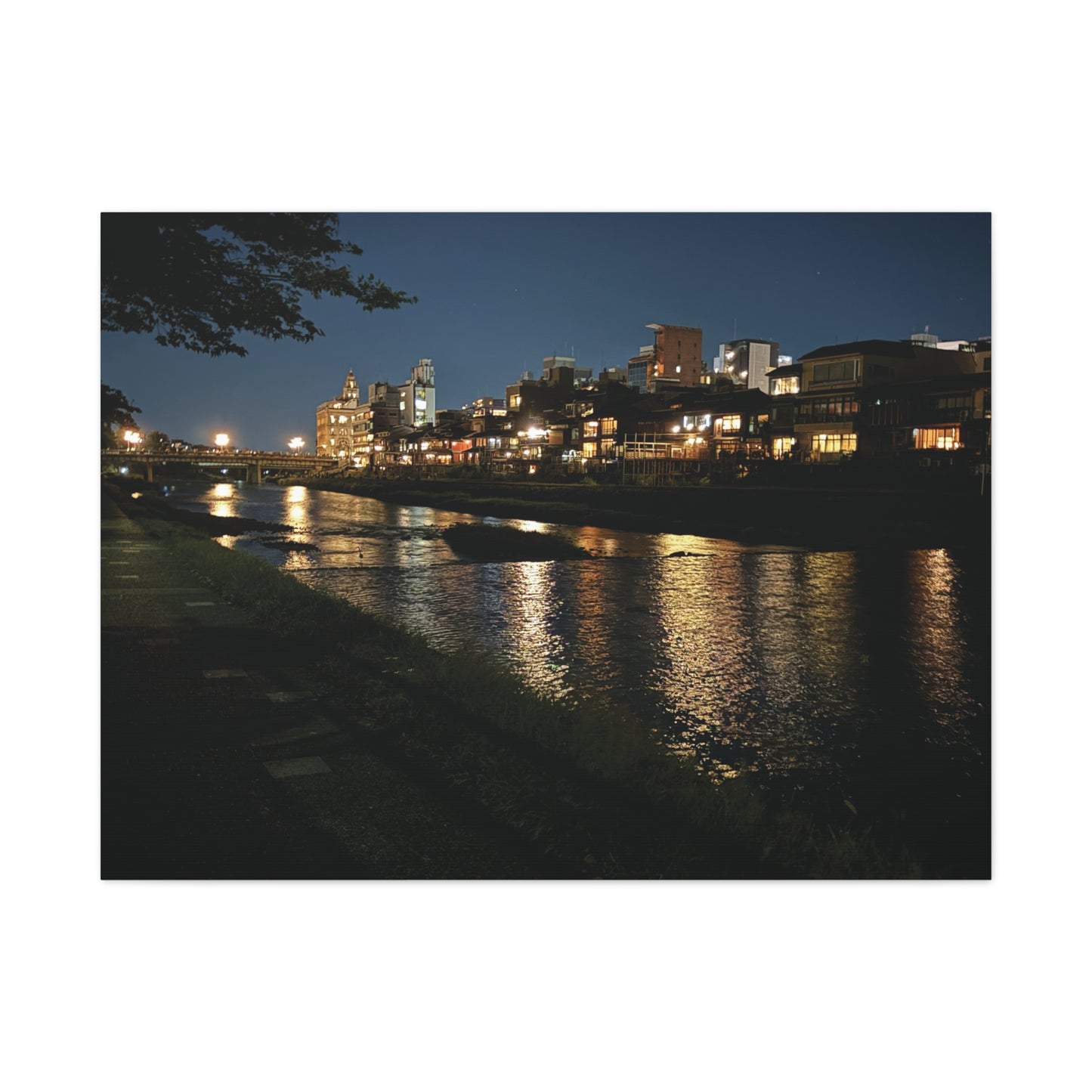 Kamo River at Night in Kyoto, Japan Matte Canvas Print