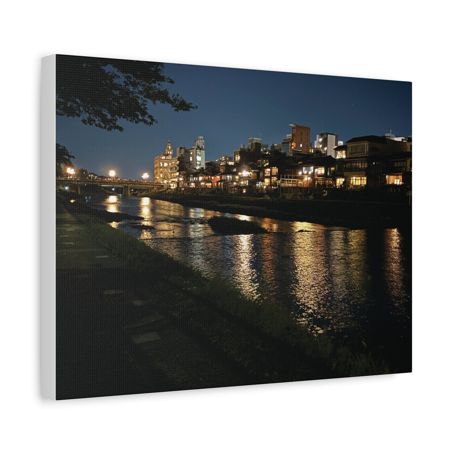 Kamo River at Night in Kyoto, Japan Matte Canvas Print