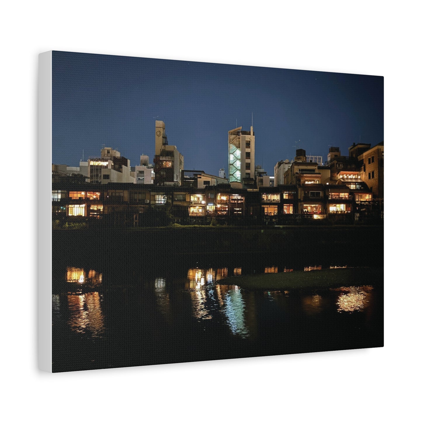 Night Reflections on the Kamo River in Kyoto, Japan Matte Canvas Print