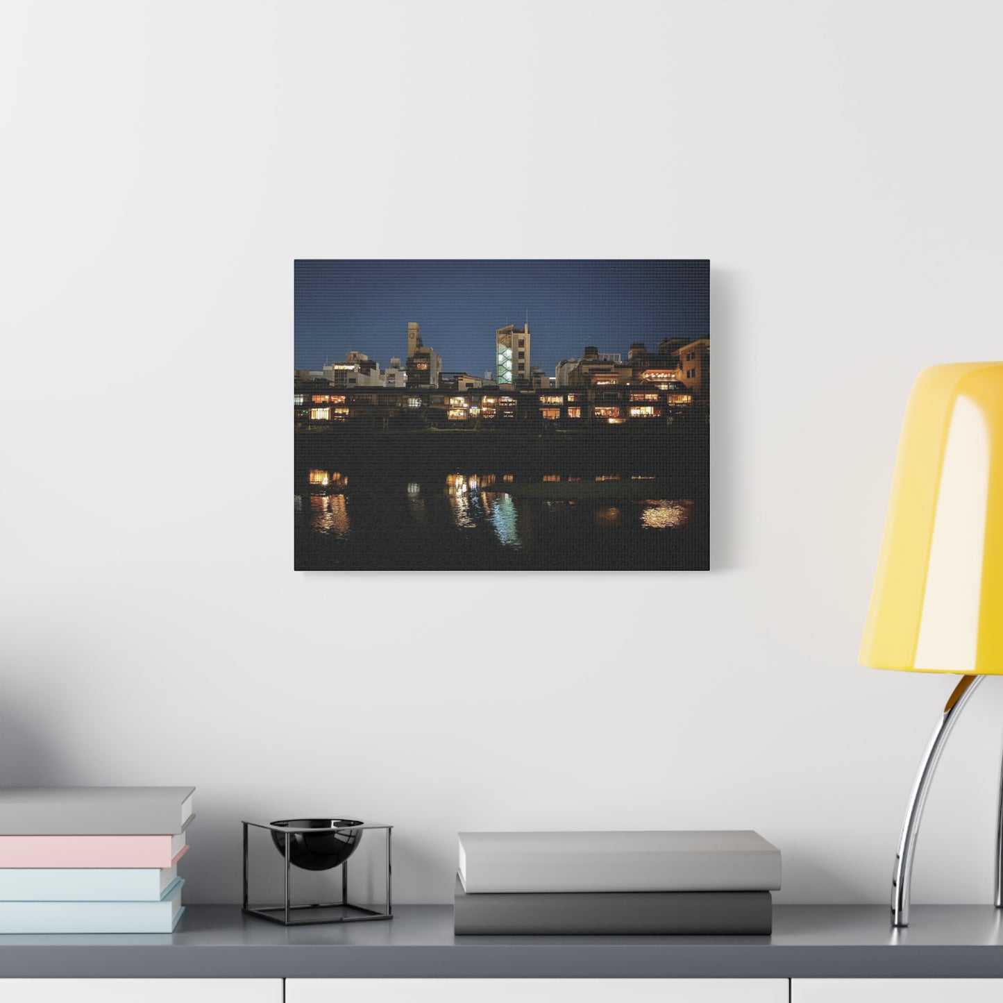 Night Reflections on the Kamo River in Kyoto, Japan Matte Canvas Print