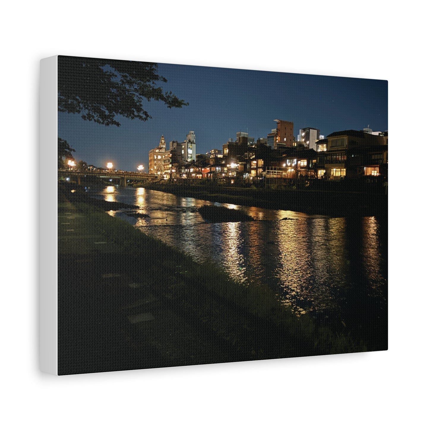 Kamo River at Night in Kyoto, Japan Matte Canvas Print