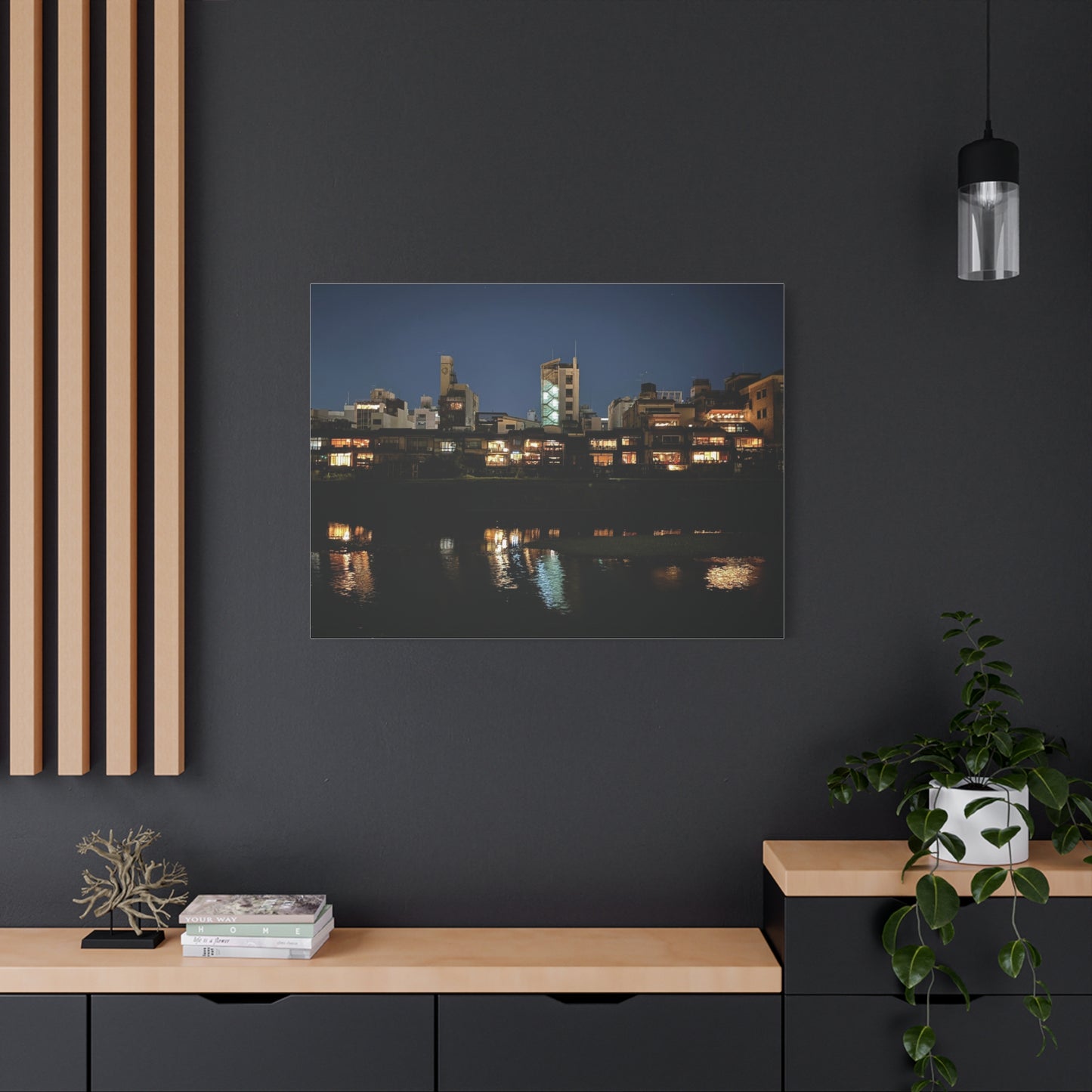 Night Reflections on the Kamo River in Kyoto, Japan Matte Canvas Print