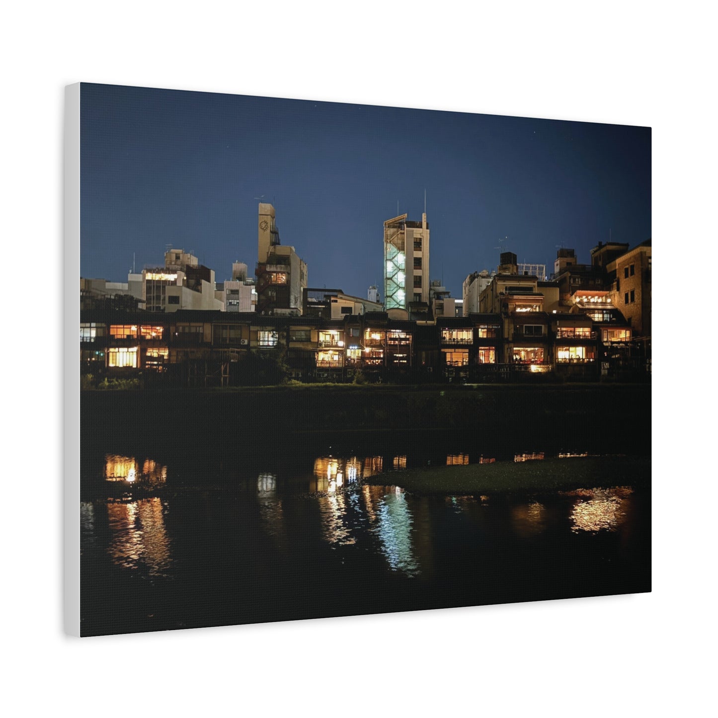 Night Reflections on the Kamo River in Kyoto, Japan Matte Canvas Print