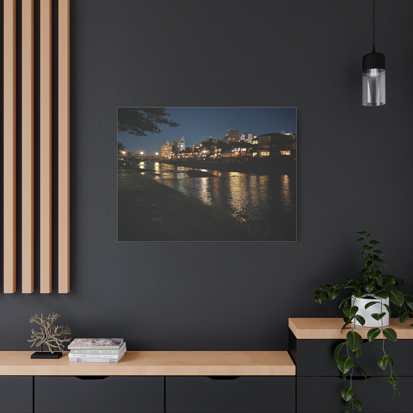 Kamo River at Night in Kyoto, Japan Matte Canvas Print