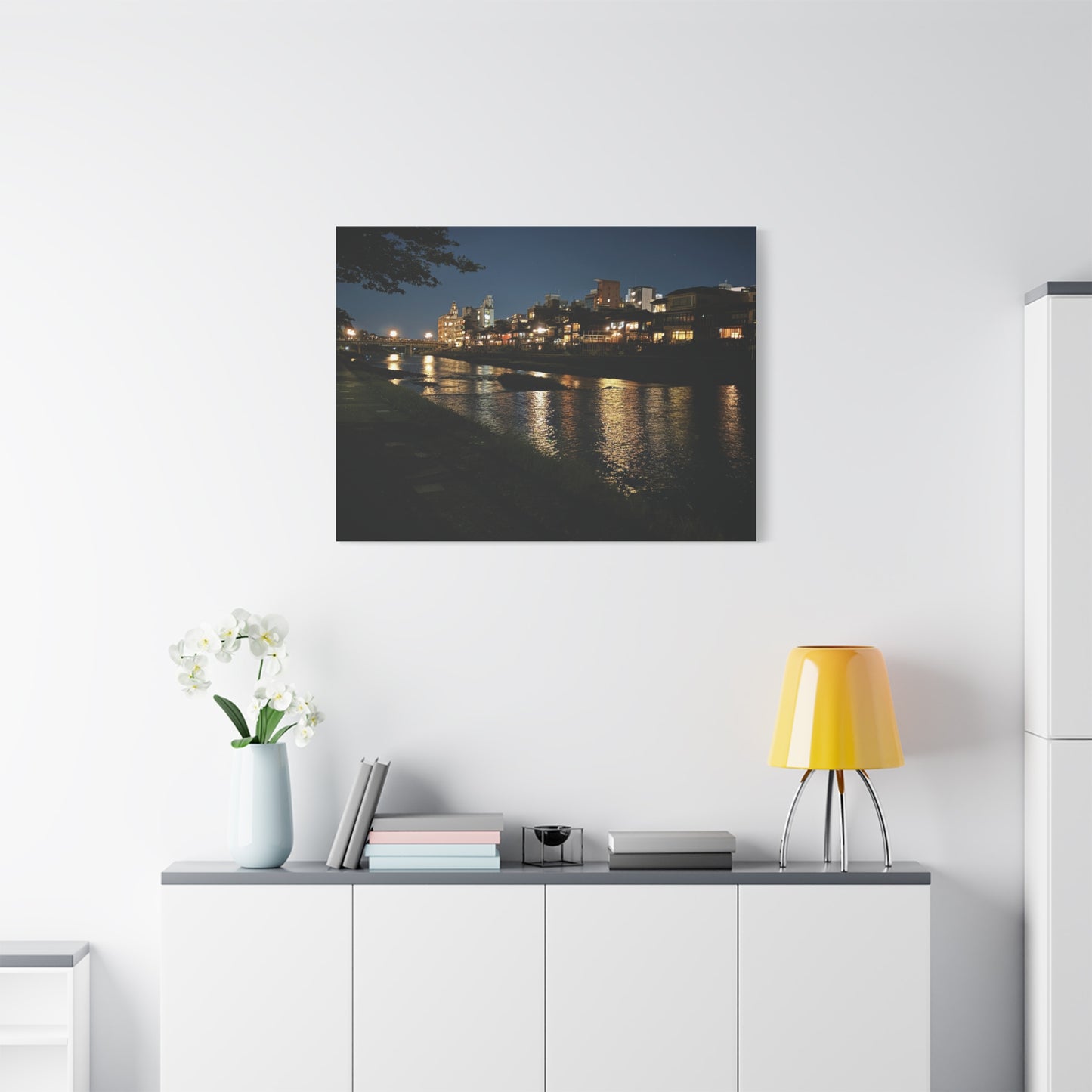 Kamo River at Night in Kyoto, Japan Matte Canvas Print