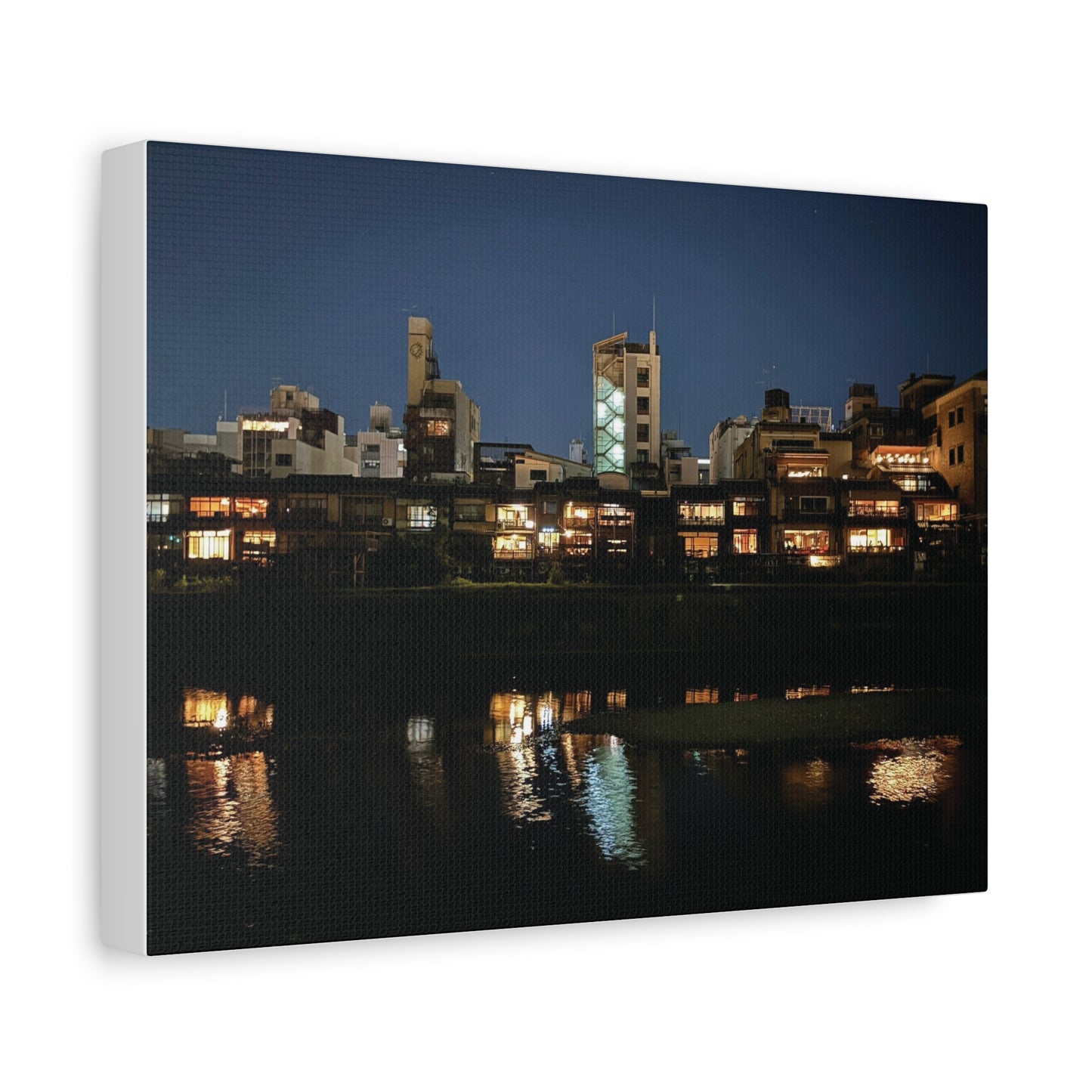 Night Reflections on the Kamo River in Kyoto, Japan Matte Canvas Print